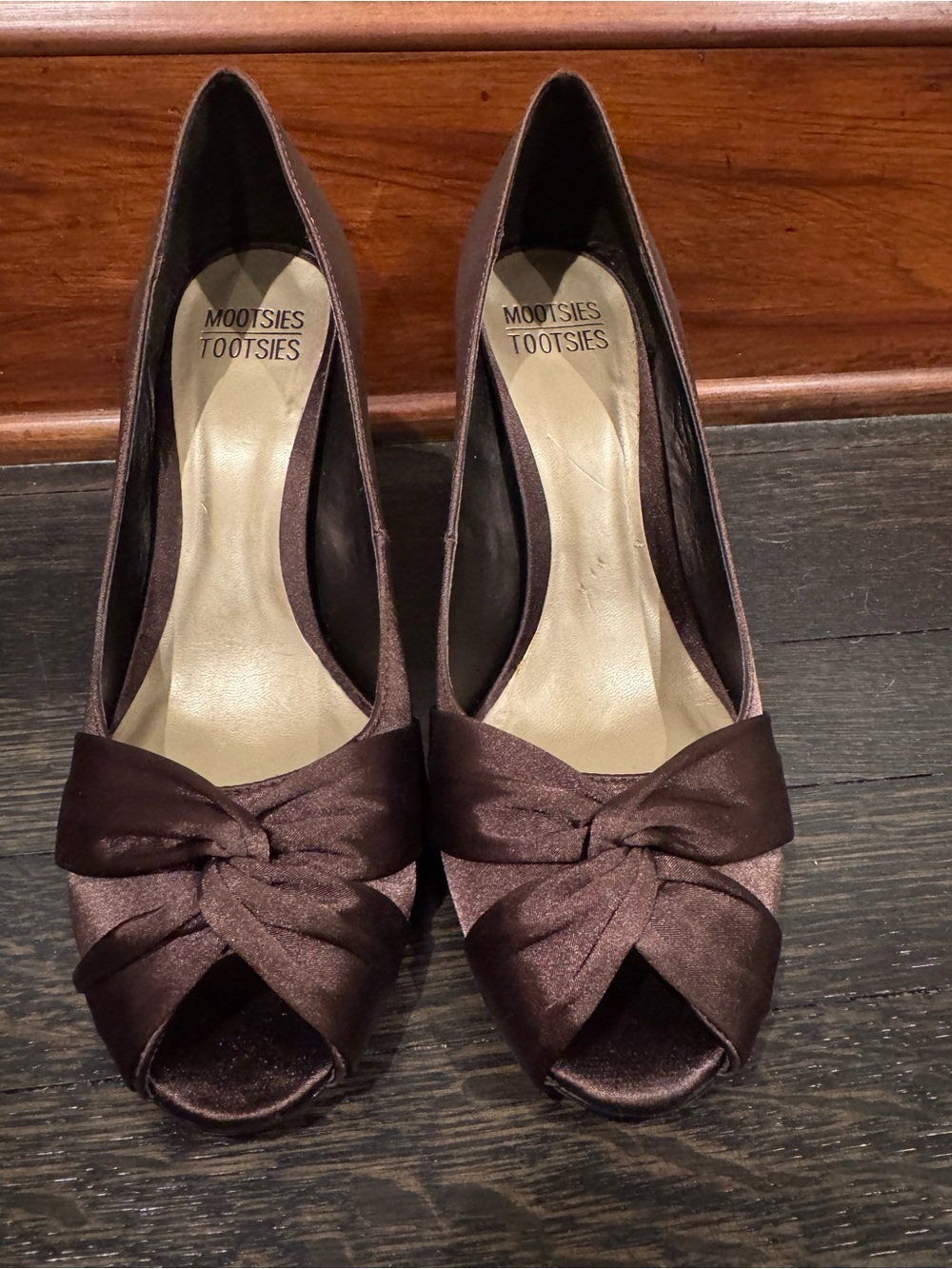 Mootsies Tootsies Brown Satin Peep-Toe Knot Heels